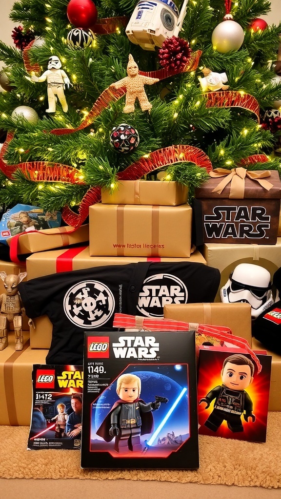 Star Wars Gift Ideas for Your Boyfriend Star Wars gifts including action figures and LEGO under a Christmas tree.
